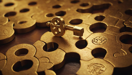 Key to success concept. Golden key on a golden puzzle background.の素材