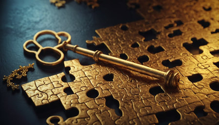 Golden key and puzzle on dark background. Business concept. Selective focus.の素材