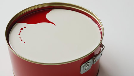 Red tin can on a white background, closeup of photo.の素材
