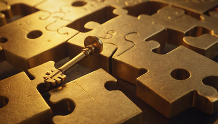 Key to success - business concept with golden puzzle pieces, close upの素材