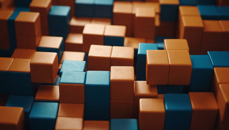 Abstract background of blue and orange cubes in a row. Concept of leadership and successの素材