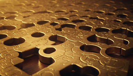 Close-up of gold jigsaw puzzle. Selective focus.の素材