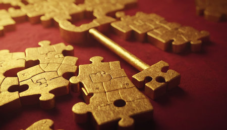 Puzzle pieces and golden key on red background, soft focus.の素材