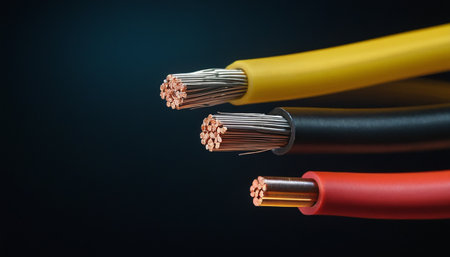 Multicolored electric cables on a black background close-up.の素材
