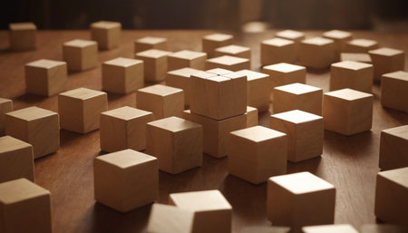 Wooden cubes on the table in the room. Abstract background.の素材