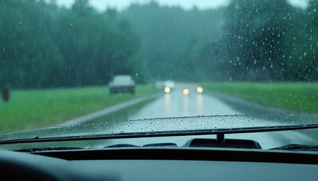 Driving through the rain on a rainy day. Focus on the windshield.の素材
