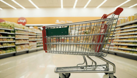 Shopping cart in supermarket, shallow depth of field, vintage toneの素材