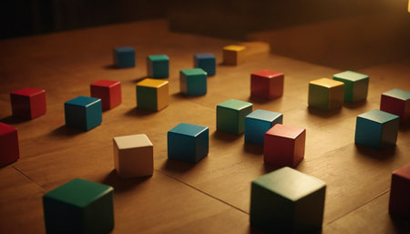 Colorful wooden toy blocks on a wooden floor in a dark roomの素材