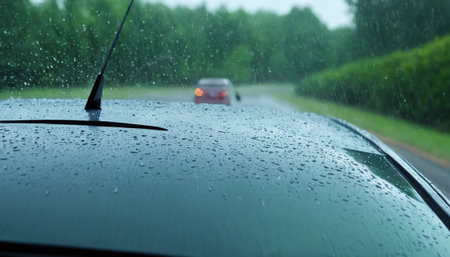 Raindrops on the windshield of a car in a rainy day.の素材