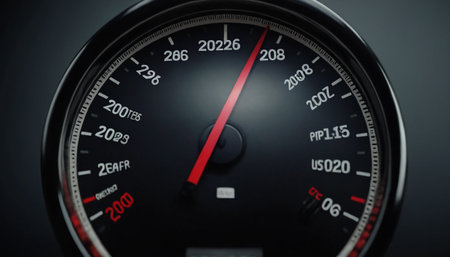 Speedometer of a car on a dark background, close-upの素材