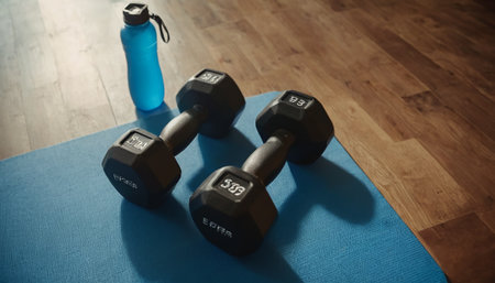 Dumbbells and bottle of water on yoga mat at gymの素材