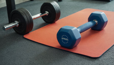 Dumbbells on a red yoga mat in a fitness centerの素材