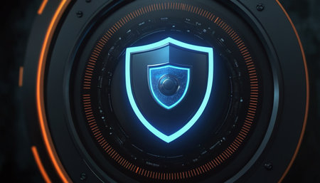 Cyber security concept. Shield icon on dark background 3D renderingの素材