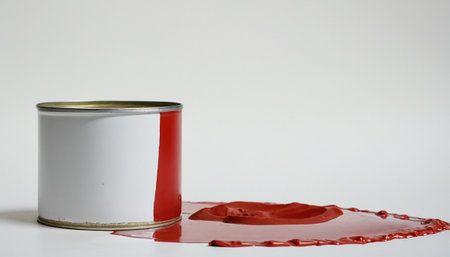 Red paint splashing on a tin can isolated on a white backgroundの素材
