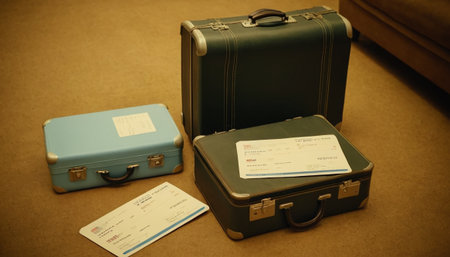 Vintage suitcases with boarding pass and ticket on the sofa.の素材