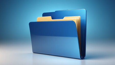 Blue folder on blue background. 3D illustration. Copy space.の素材