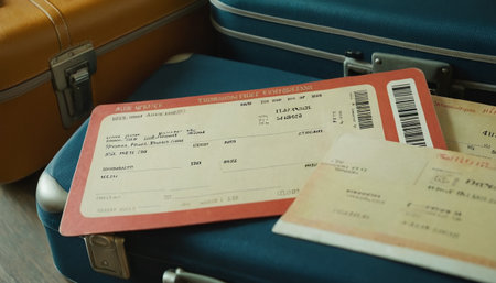 Vacation and travel concept. Suitcases with boarding pass ticketの素材