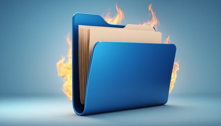 Blue folder with fire on blue background. 3D rendering illustration.の素材