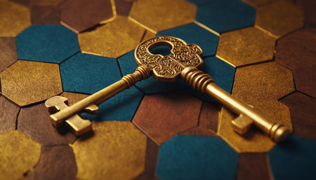 Vintage key on the background of hexagon pattern. 3d renderの素材