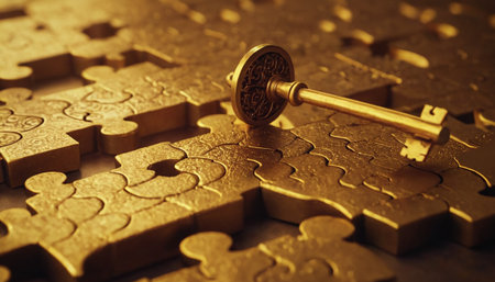 Golden key on a jigsaw puzzle. Business concept. Selective focus.の素材