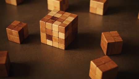 Wooden blocks in a row on a dark background. Conceptual photo of business successの素材