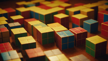 Colorful toy blocks on a wooden background. Selective focus.の素材