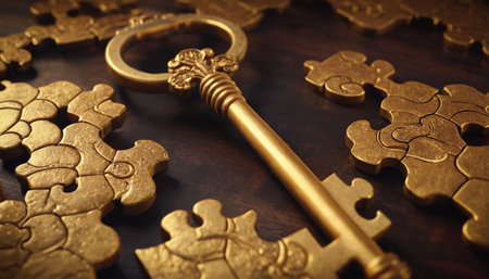 Golden key and puzzle pieces on wooden background. 3d illustration.の素材