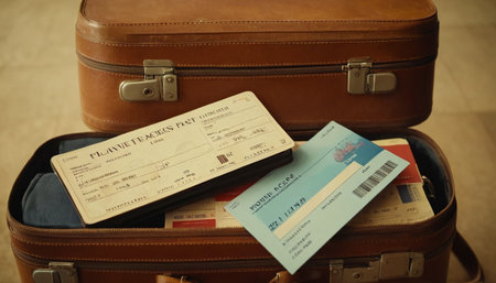 Vintage suitcase with boarding pass, ticket and passport on vintage backgroundの素材