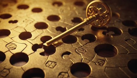 Golden key on jigsaw puzzle background. Business and success concept.の素材