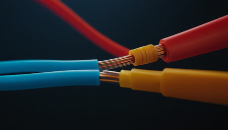 Electrical cable close-up on a black background with copy spaceの素材