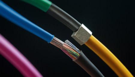 Close up of electric cable on black background. Selective focus.の素材