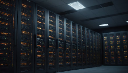 server room data center with rows of server racks. 3d renderの素材