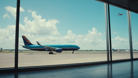 Airplane in the airport with blue sky and white clouds background.の素材