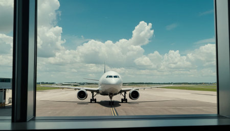 Airplane in the airport window with blue sky and clouds background.の素材