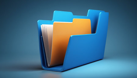 Blue folder with documents on blue background. 3d render illustration.の素材