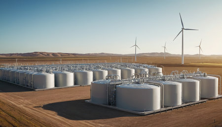 Oil tanks in the middle of the desert with wind turbines in the backgroundの素材
