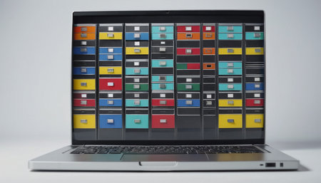 Laptop with colorful boxes on a white background, close-upの素材