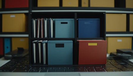 Laptop with folders on the table in the office. Business conceptの素材
