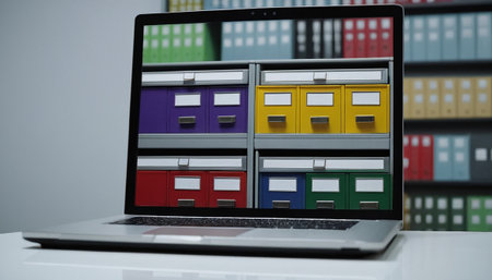 Laptop with colorful folders on the screen. 3d rendering.の素材