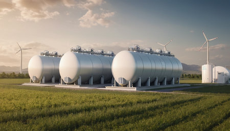 Oil storage tank with wind turbines in the field. 3d renderingの素材