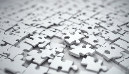 White jigsaw puzzle pieces on white background. 3D rendering.の素材