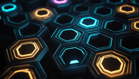Abstract 3d rendering of hexagons. Futuristic background with glowing neon lights.の素材
