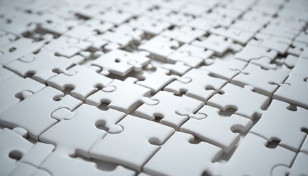 Close up of white jigsaw puzzle pieces. 3D rendering.の素材