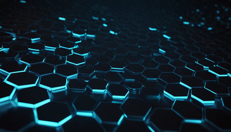 3D rendering of abstract hexagon background with blue light effects.の素材