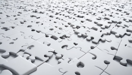 3d rendering of white jigsaw puzzle pieces on white background.の素材