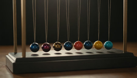 Newton's cradle with colorful balls on the table, close upの素材