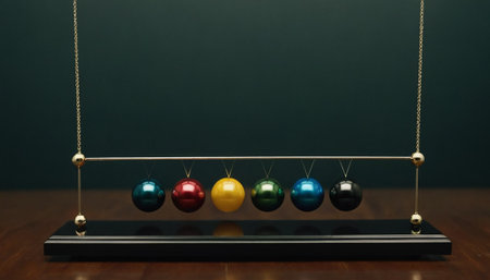 Newton's cradle with multicolored balls on a dark backgroundの素材