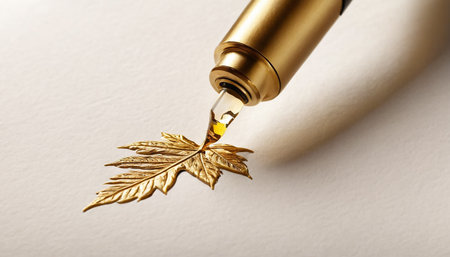 Close-up of a gold fountain pen with golden leaf on paperの素材