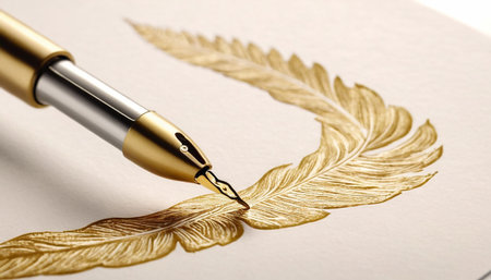 Fountain pen with golden feather on paper background close-up.の素材