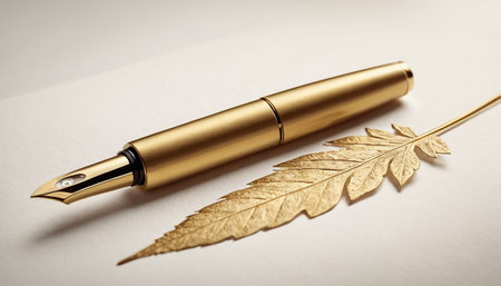 Fountain pen with golden leaf on white paper background, closeupの素材